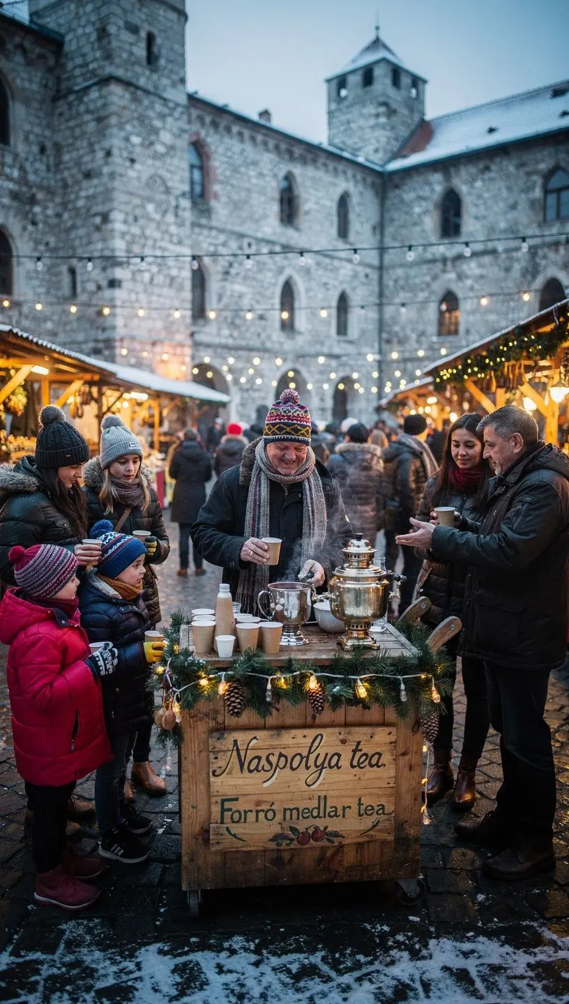 Illatos naspolyás tea gőzölgő csészében, mellette friss gyümölcsök.